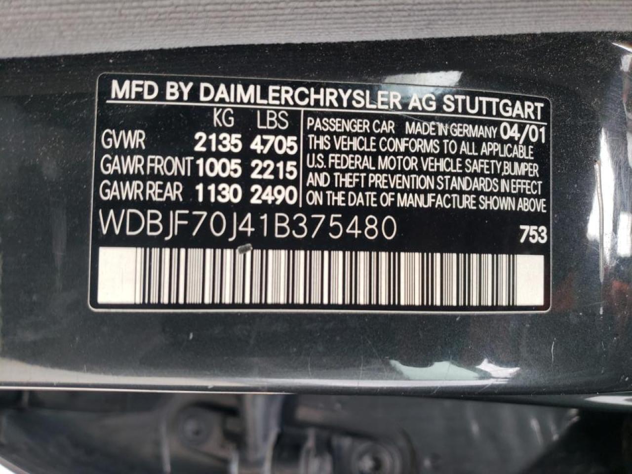 Photo 10 from auction – 2001 MERCEDES-BENZ E 430 with VIN WDBJF70J41B375480