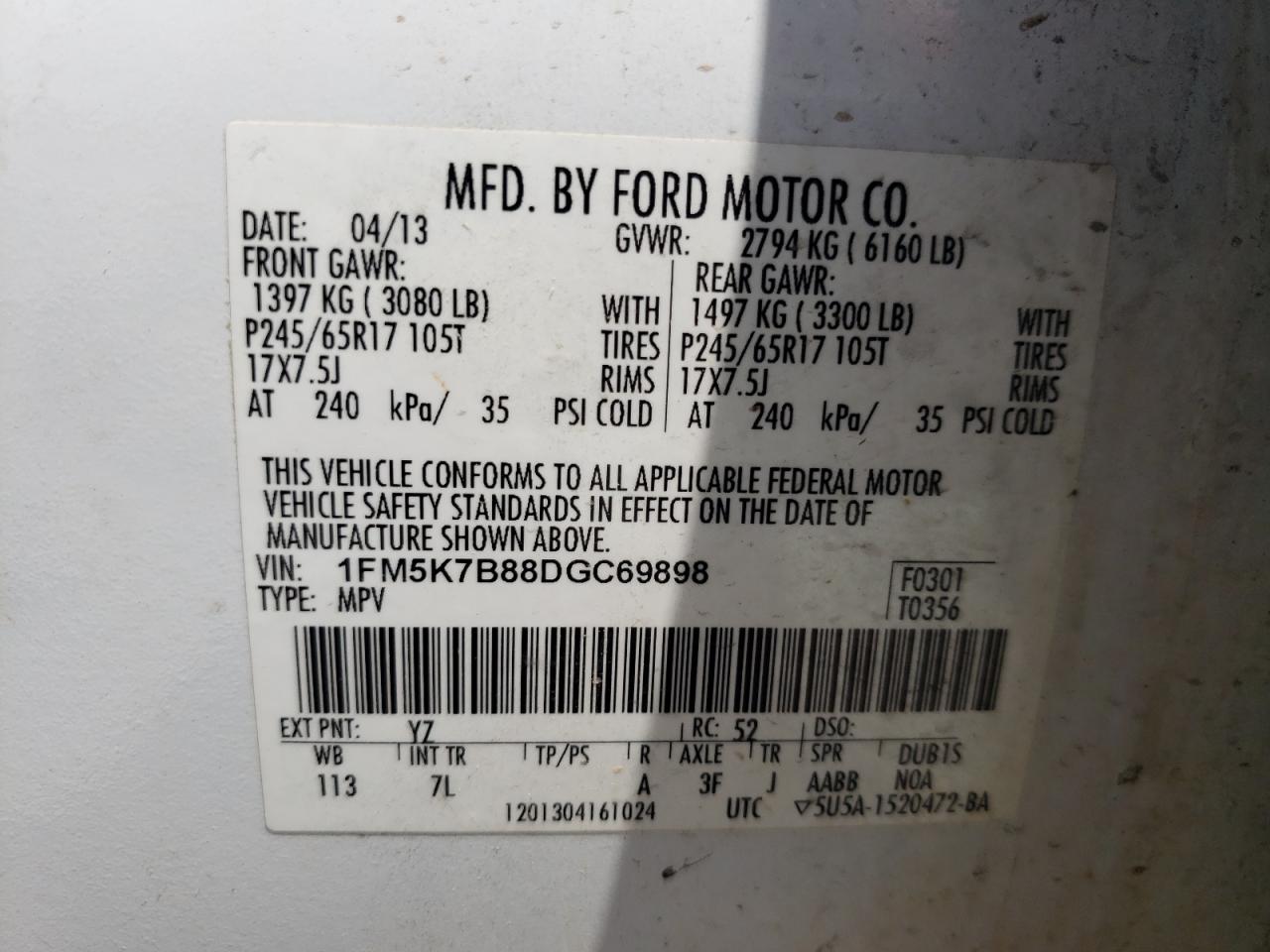 Photo 10 from auction – 2013 FORD EXPLORER with VIN 1FM5K7B88DGC69898