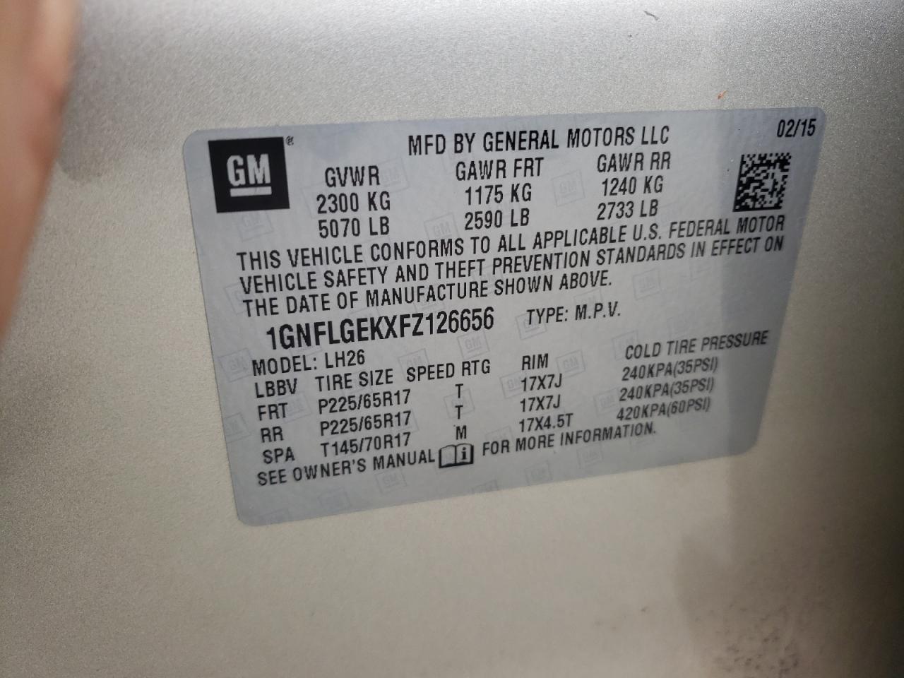 Photo 10 from auction – 2015 CHEVROLET EQUINOX LT with VIN 1GNFLGEKXFZ126656