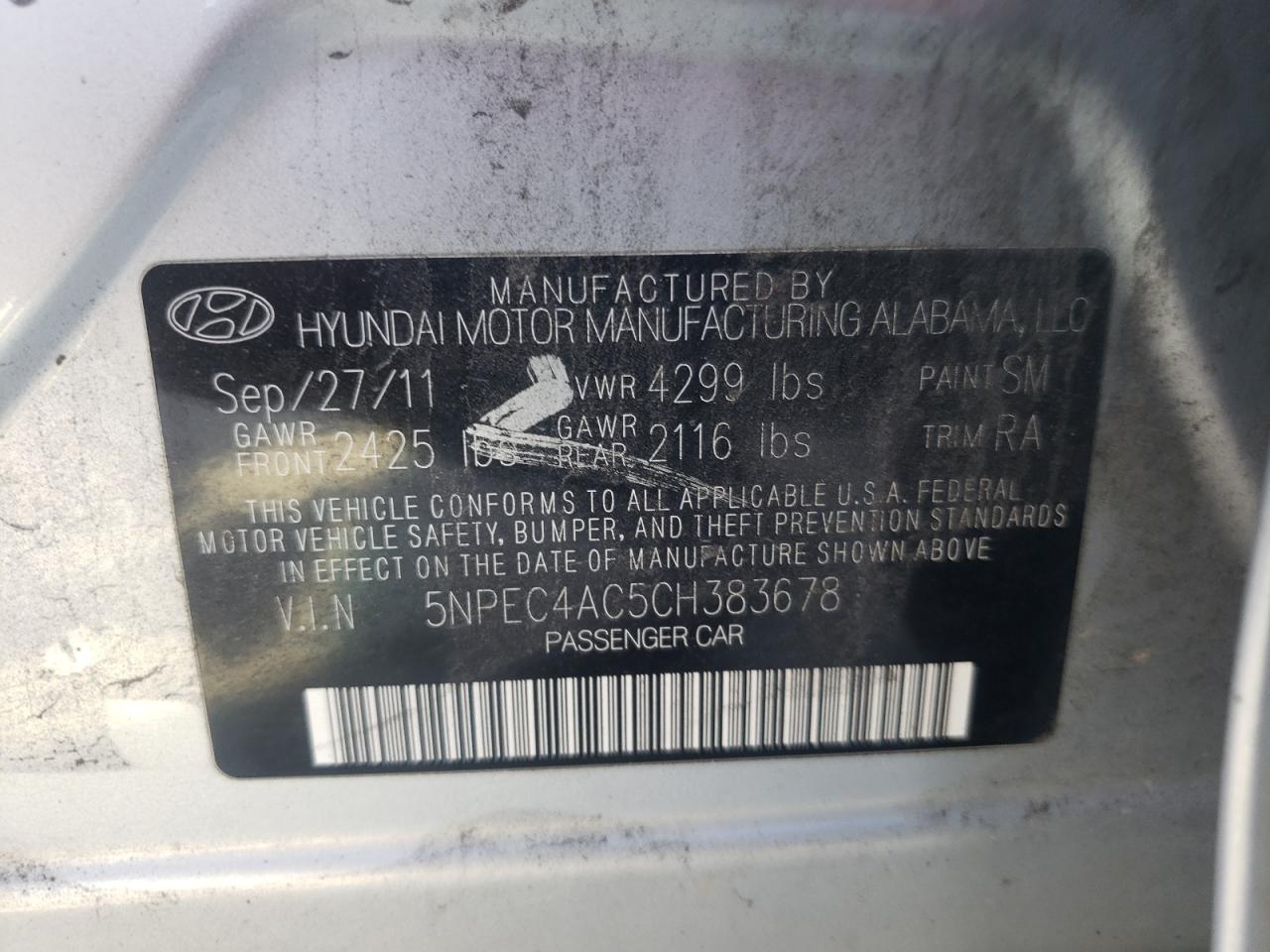 Photo 10 from auction – 2012 HYUNDAI SONATA SE with VIN 5NPEC4AC5CH383678