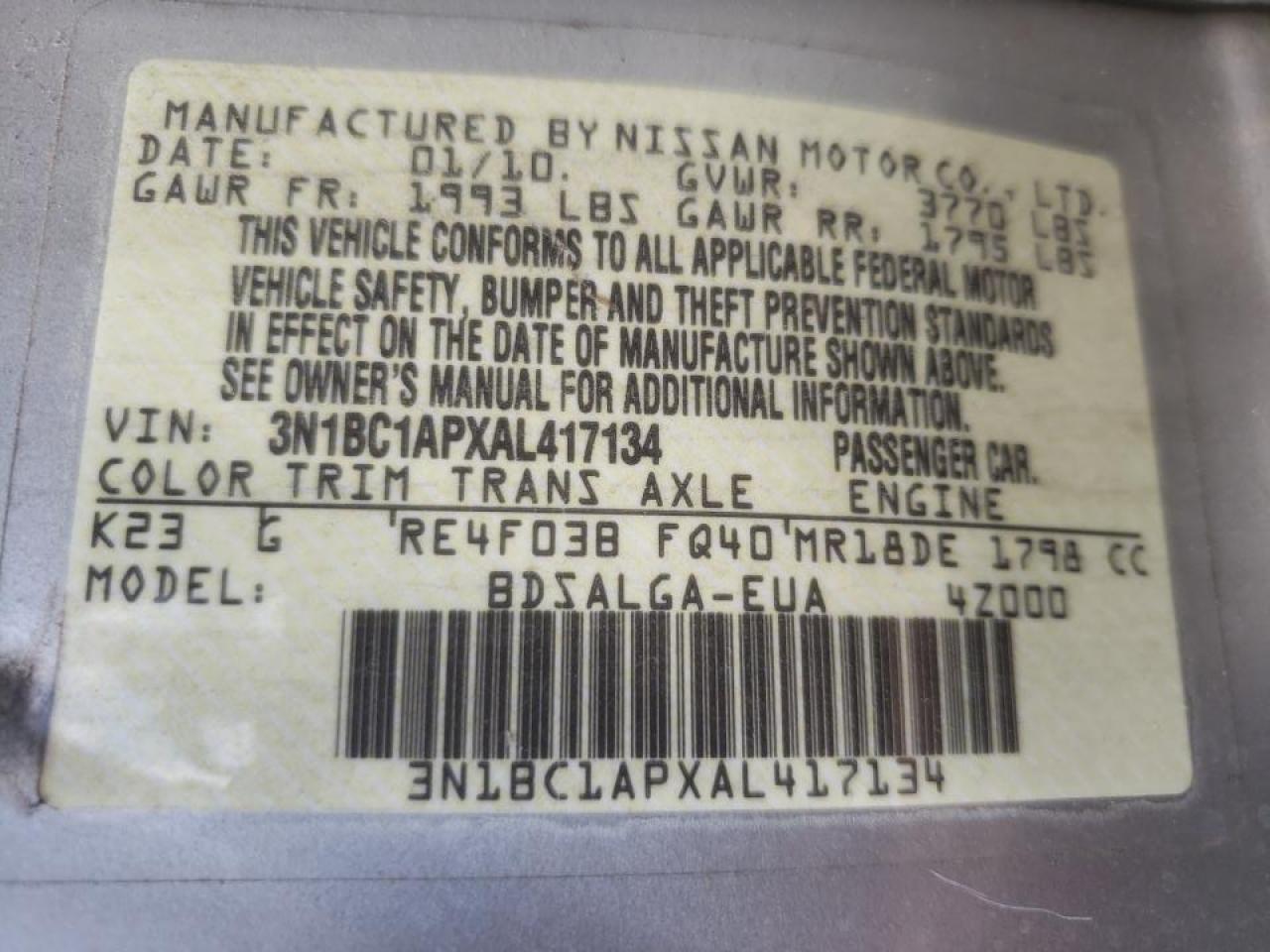 Photo 10 from auction – 2010 NISSAN VERSA S with VIN 3N1BC1APXAL417134