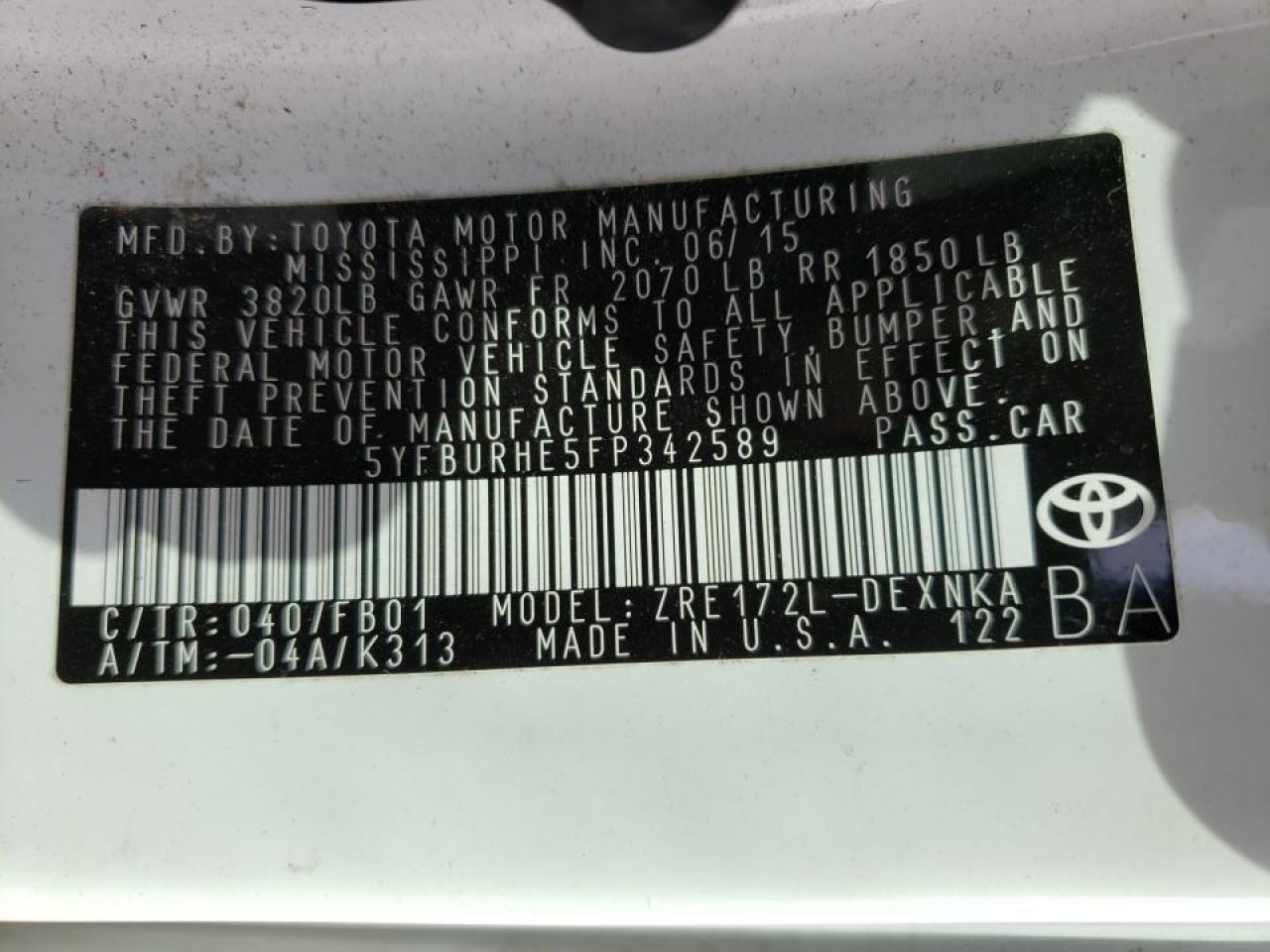 Photo 10 from auction – 2015 TOYOTA COROLLA L with VIN 5YFBURHE5FP342589