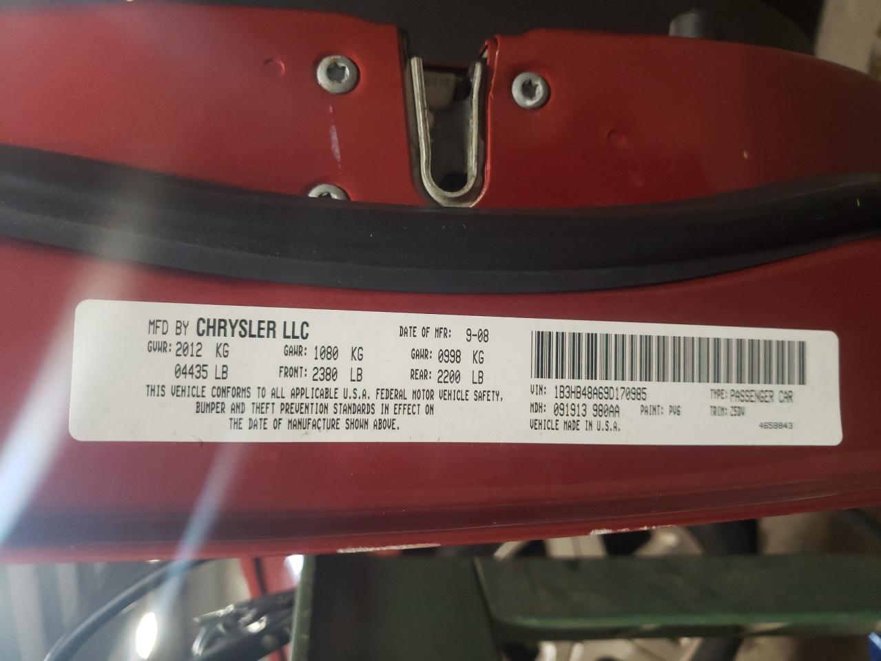 Photo 10 from auction – 2009 DODGE CALIBER SX with VIN 1B3HB48A69D170985