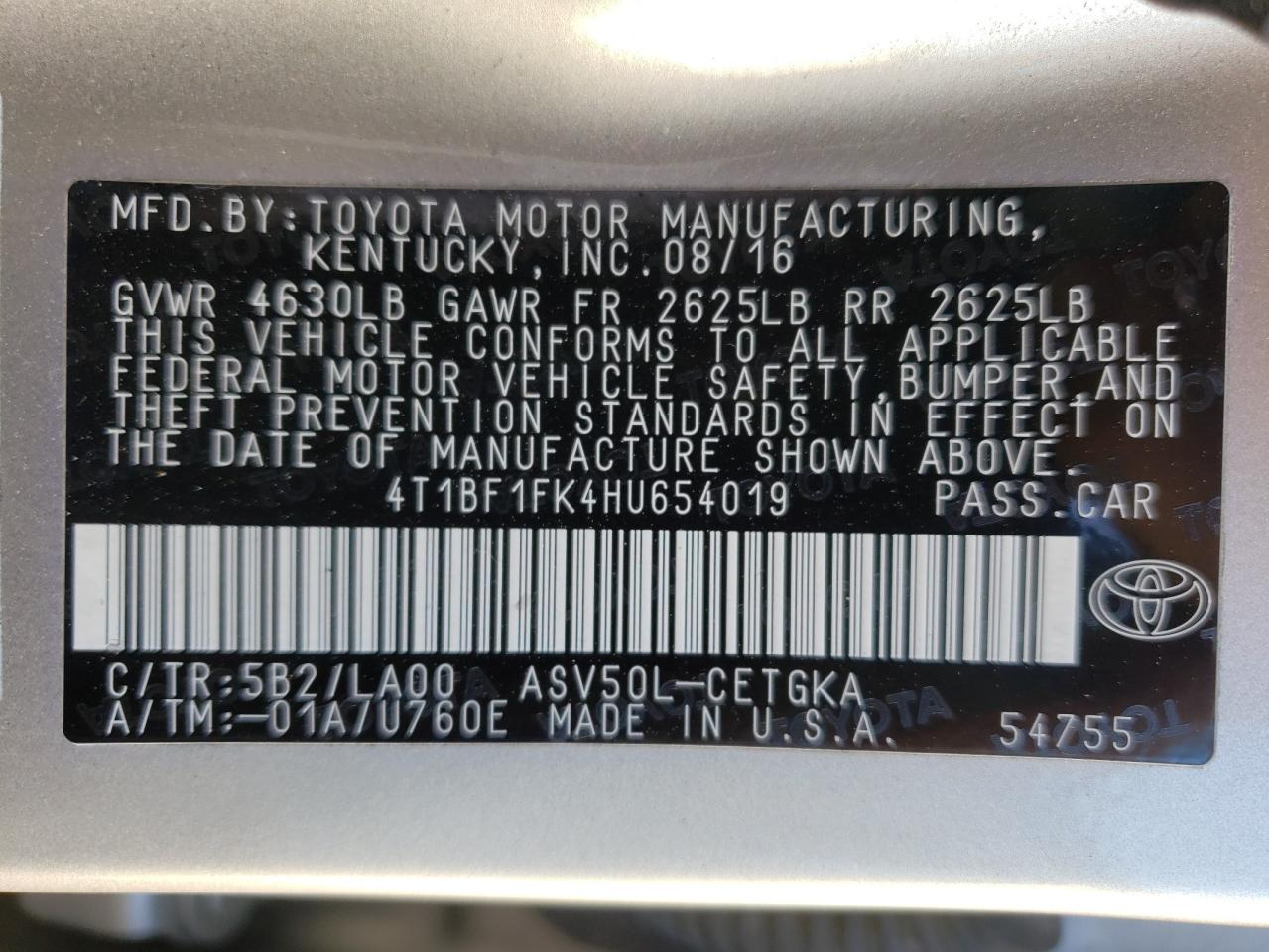 Photo 10 from auction – 2017 TOYOTA CAMRY LE with VIN 4T1BF1FK4HU654019