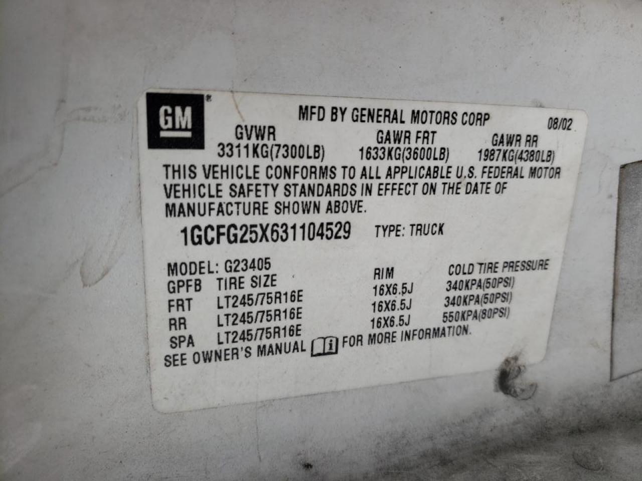 Photo 10 from auction – 2003 CHEVROLET EXPRESS G2 with VIN 1GCFG25X631104529