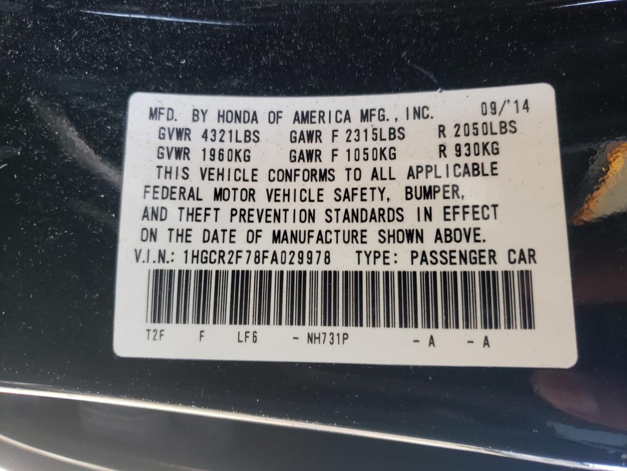 Photo 10 from auction – 2015 HONDA ACCORD EX with VIN 1HGCR2F78FA029978