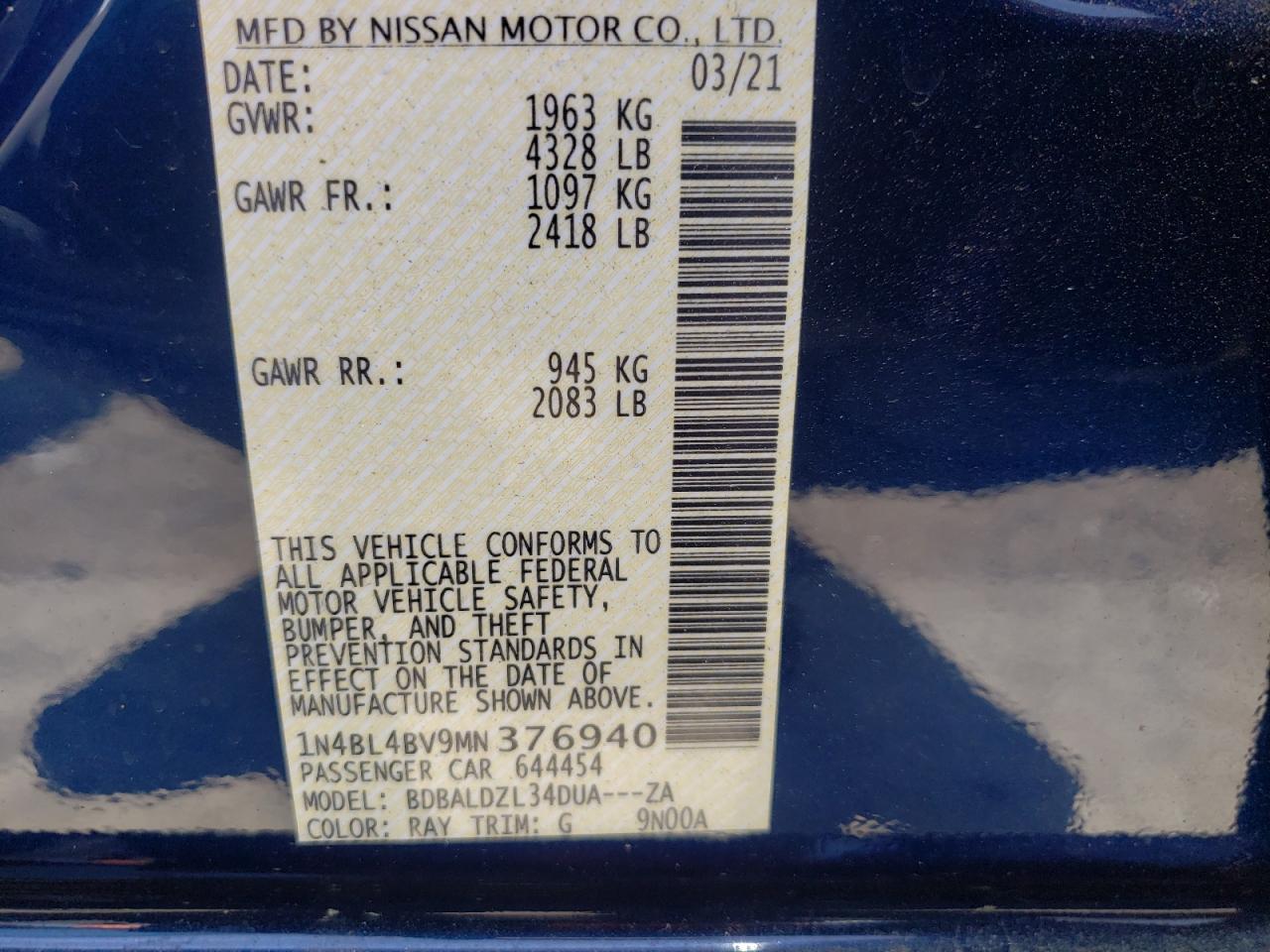 Photo 10 from auction – 2021 NISSAN ALTIMA S with VIN 1N4BL4BV9MN376940