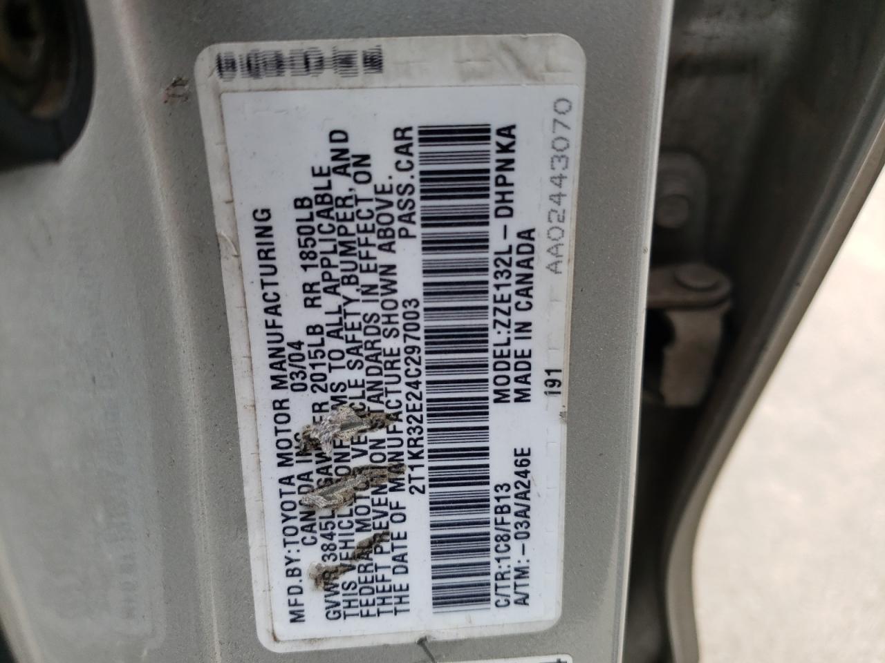Photo 10 from auction – 2004 TOYOTA COROLLA MA with VIN 2T1KR32E24C297003