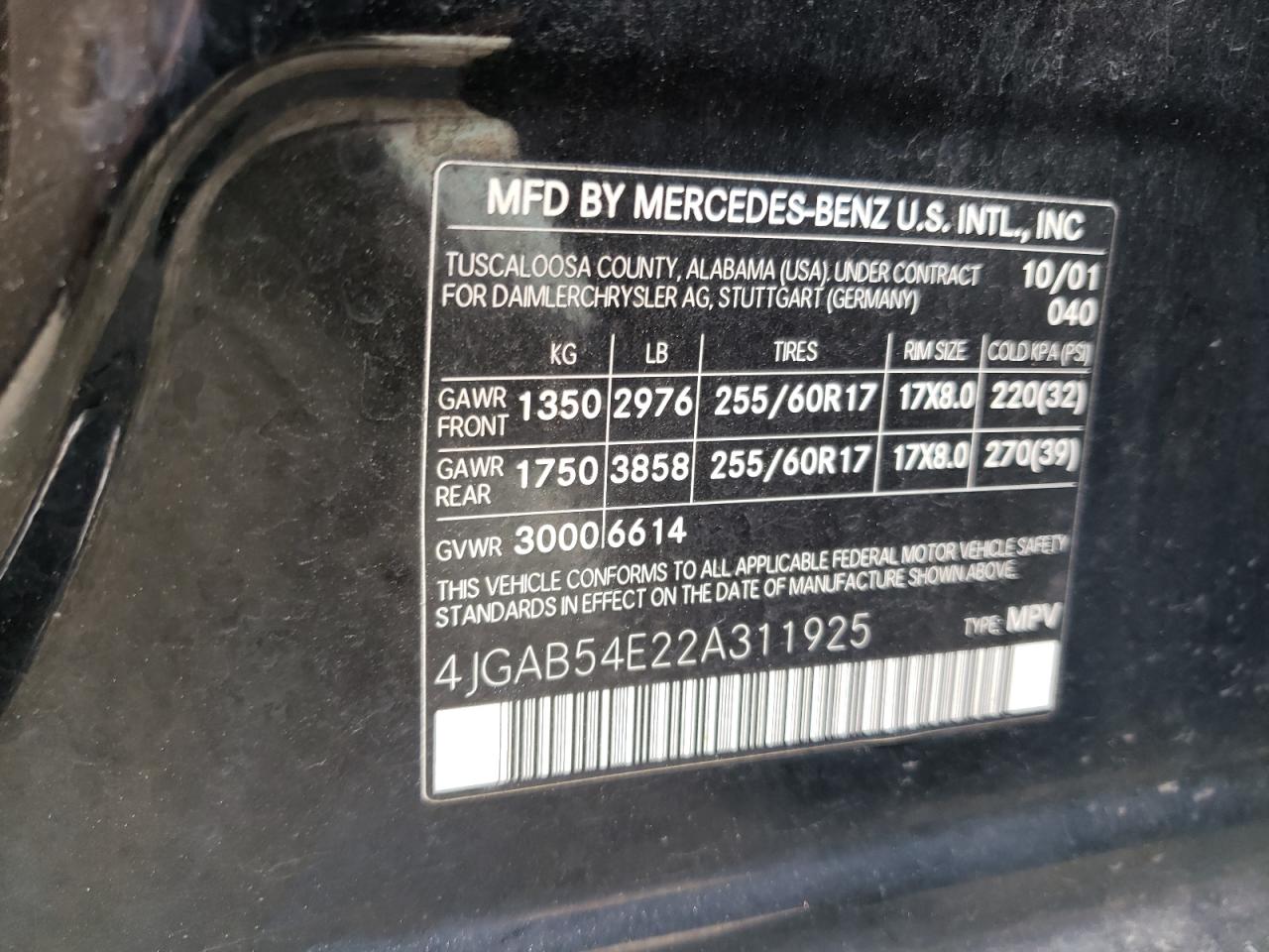 Photo 10 from auction – 2002 MERCEDES-BENZ ML 320 with VIN 4JGAB54E22A311925