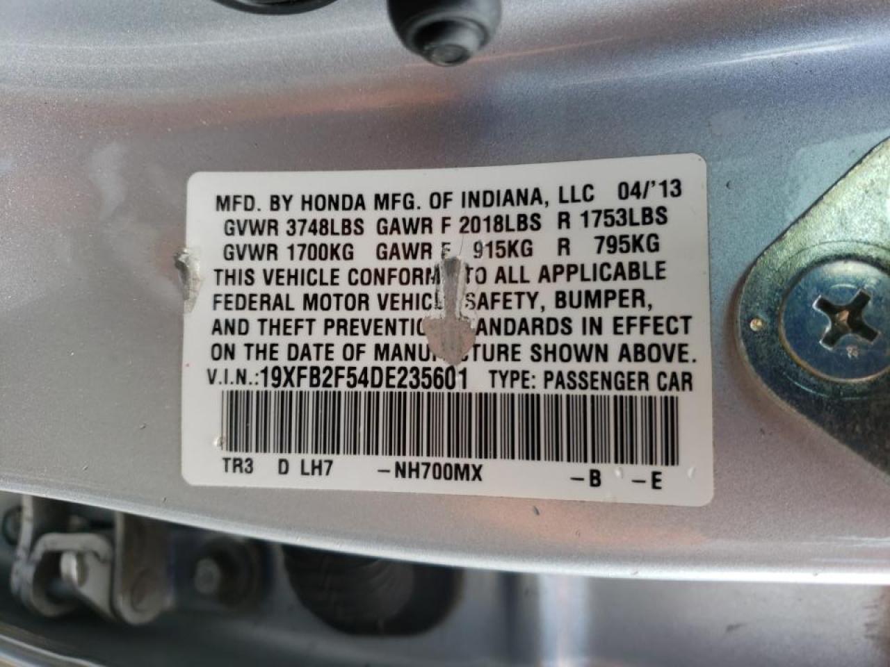 Photo 10 from auction – 2013 HONDA CIVIC LX with VIN 19XFB2F54DE235601