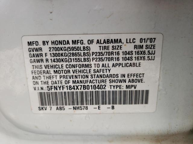 Photo 10 from auction – 2007 HONDA PILOT EX with VIN 5FNYF184X7B010402