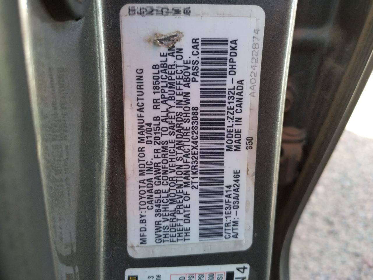 Photo 10 from auction – 2004 TOYOTA COROLLA MA with VIN 2T1KR32EX4C283088