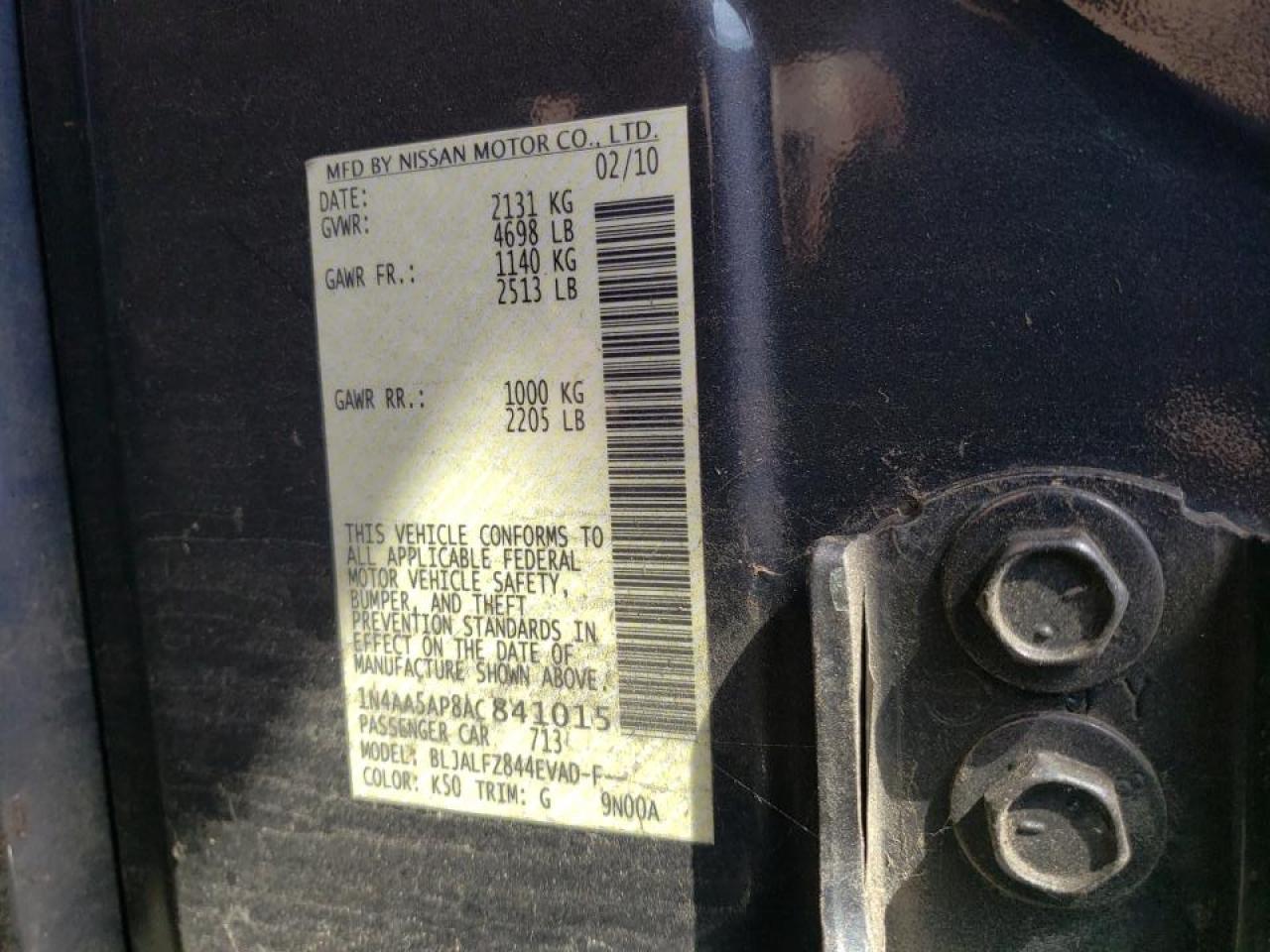 Photo 10 from auction – 2010 NISSAN MAXIMA S with VIN 1N4AA5AP8AC841015