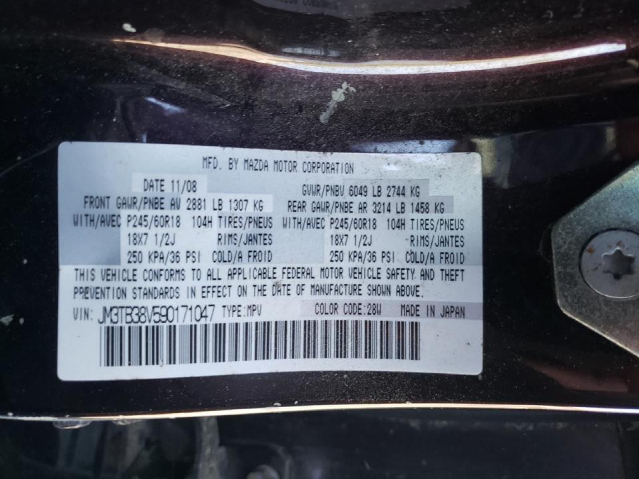 Photo 10 from auction – 2009 MAZDA CX-9 with VIN JM3TB38V590171047