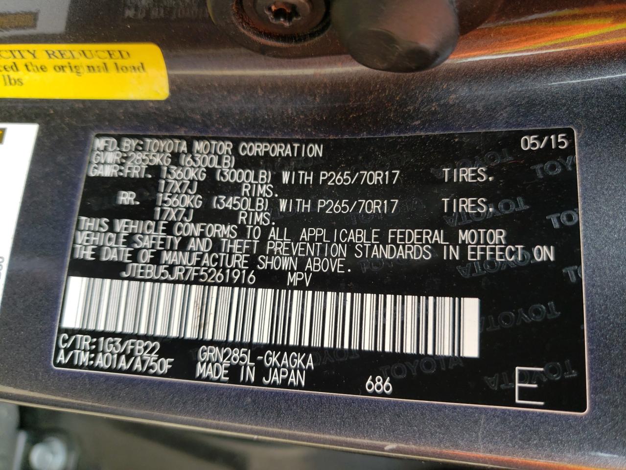 Photo 10 from auction – 2015 TOYOTA 4RUNNER SR with VIN JTEBU5JR7F5261916