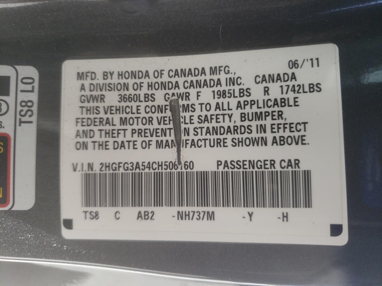 Photo 10 from auction – 2012 HONDA CIVIC with VIN 2HGFG3A54CH506160