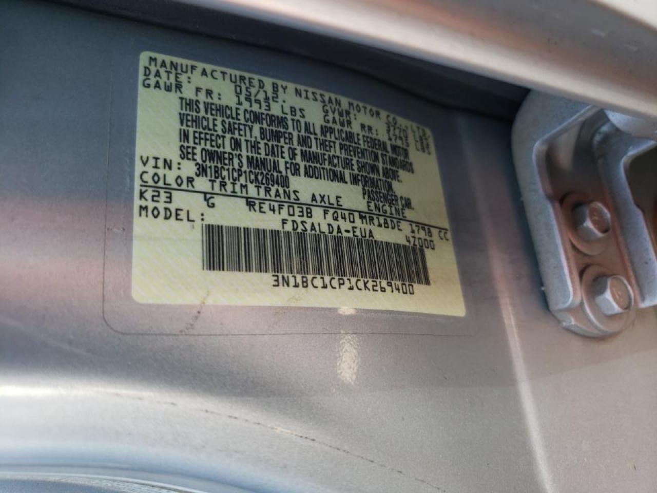 Photo 10 from auction – 2012 NISSAN VERSA S with VIN 3N1BC1CP1CK269400