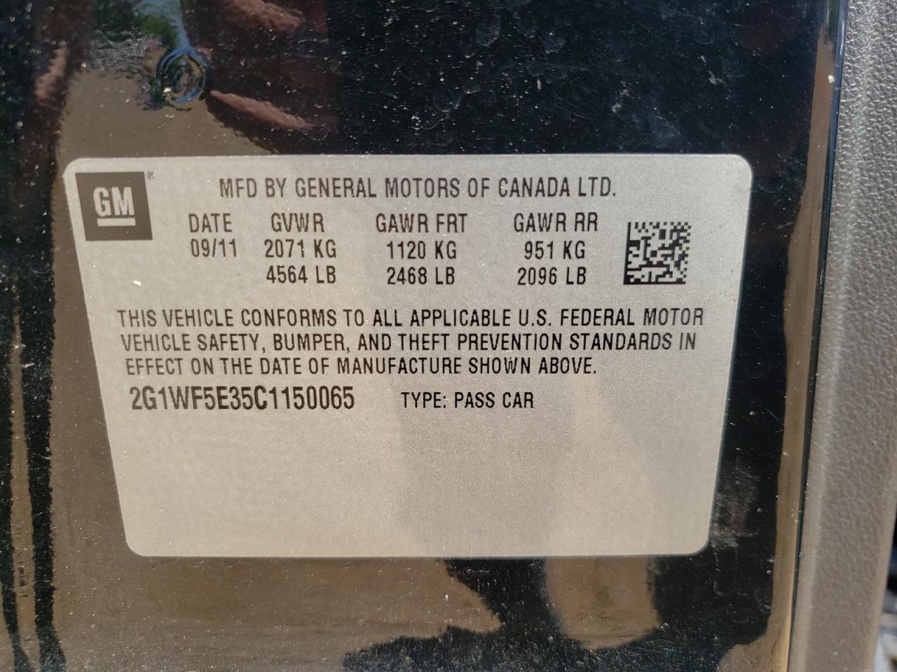 Photo 10 from auction – 2012 CHEVROLET IMPALA LS with VIN 2G1WF5E35C1150065