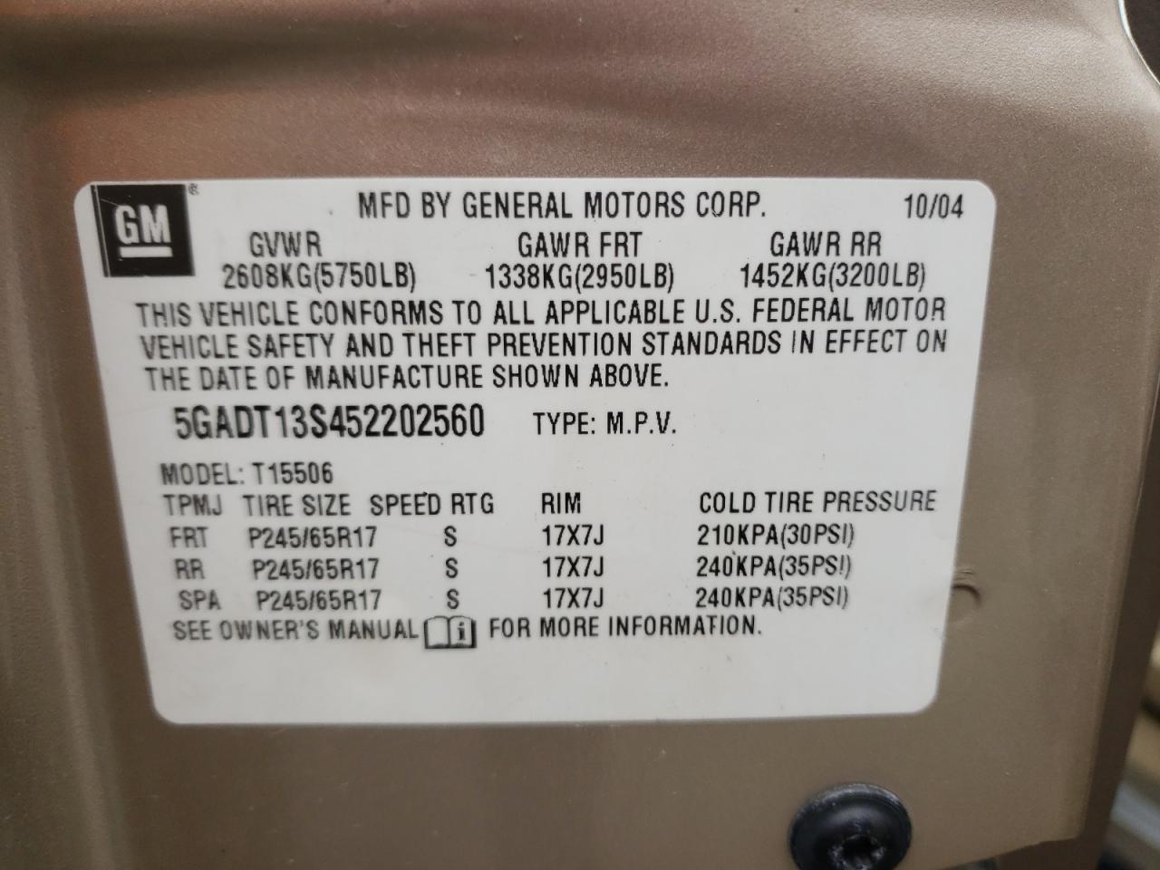 Zdjęcie 10 z aukcji – 2005 BUICK RAINIER CX z VIN 5GADT13S452202560