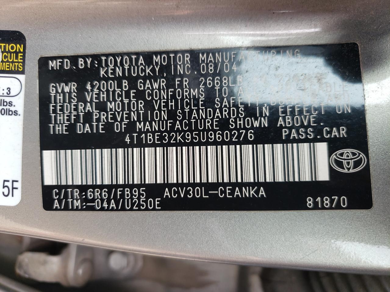 Photo 10 from auction – 2005 TOYOTA CAMRY LE with VIN 4T1BE32K95U960276