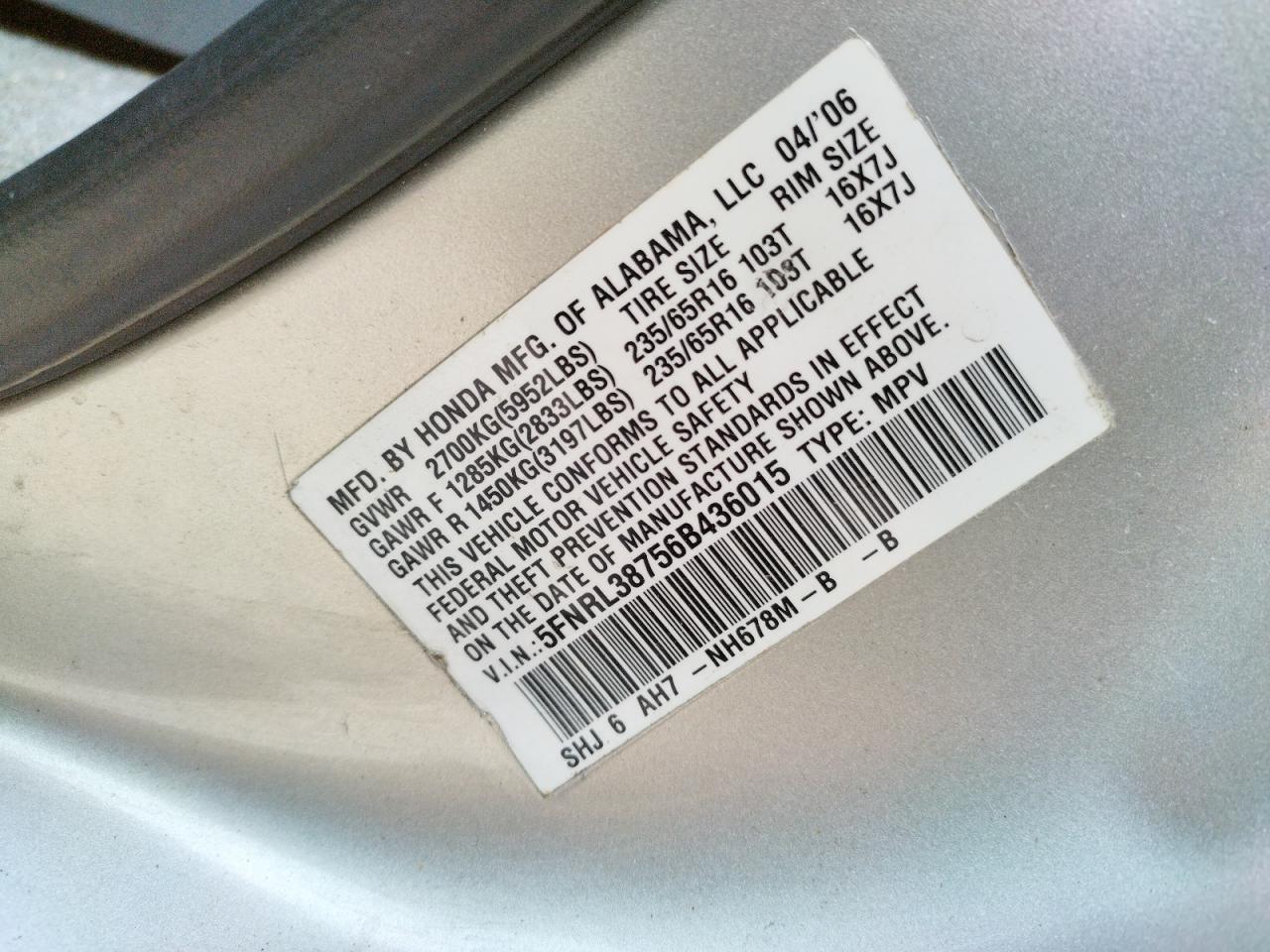 Photo 10 from auction – 2006 HONDA ODYSSEY EX with VIN 5FNRL38756B436015