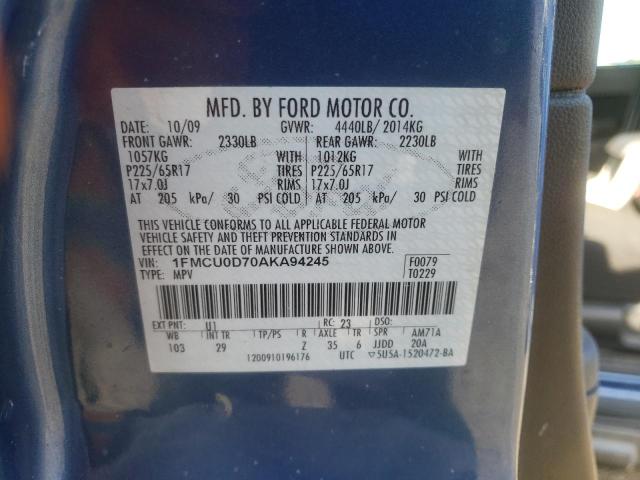 Photo 10 from auction – 2010 FORD ESCAPE XLT with VIN 1FMCU0D70AKA94245