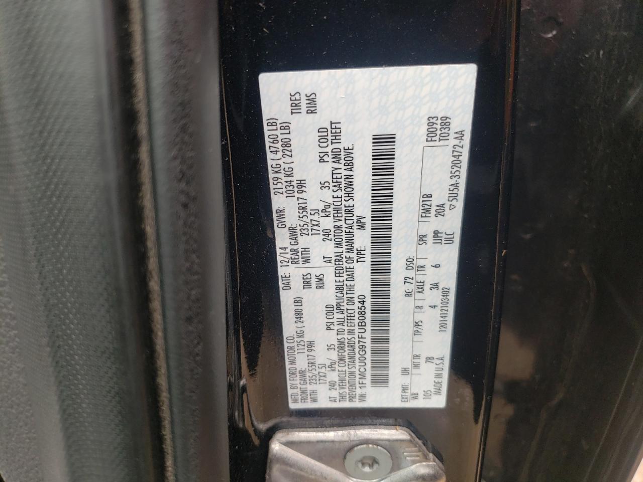 Photo 10 from auction – 2015 FORD ESCAPE SE with VIN 1FMCU0G97FUB08540