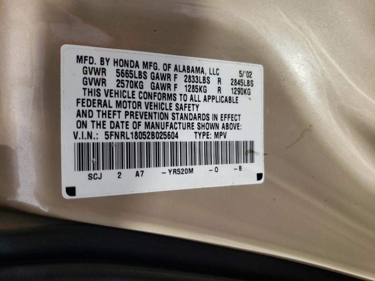 Photo 10 from auction – 2002 HONDA ODYSSEY EX with VIN 5FNRL18052B025604