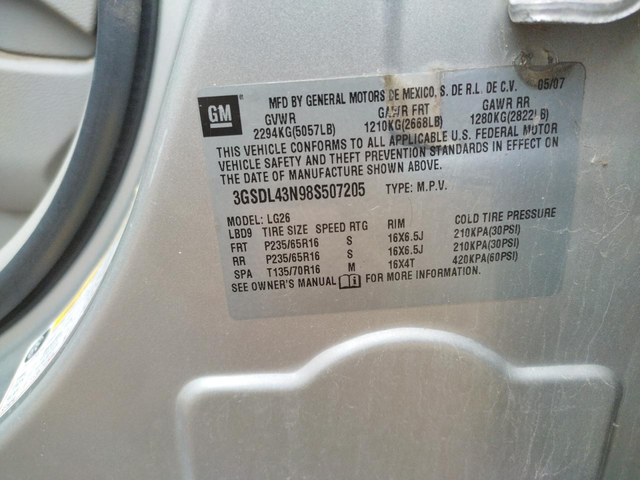 Photo 10 from auction – 2008 SATURN VUE XE with VIN 3GSDL43N98S507205