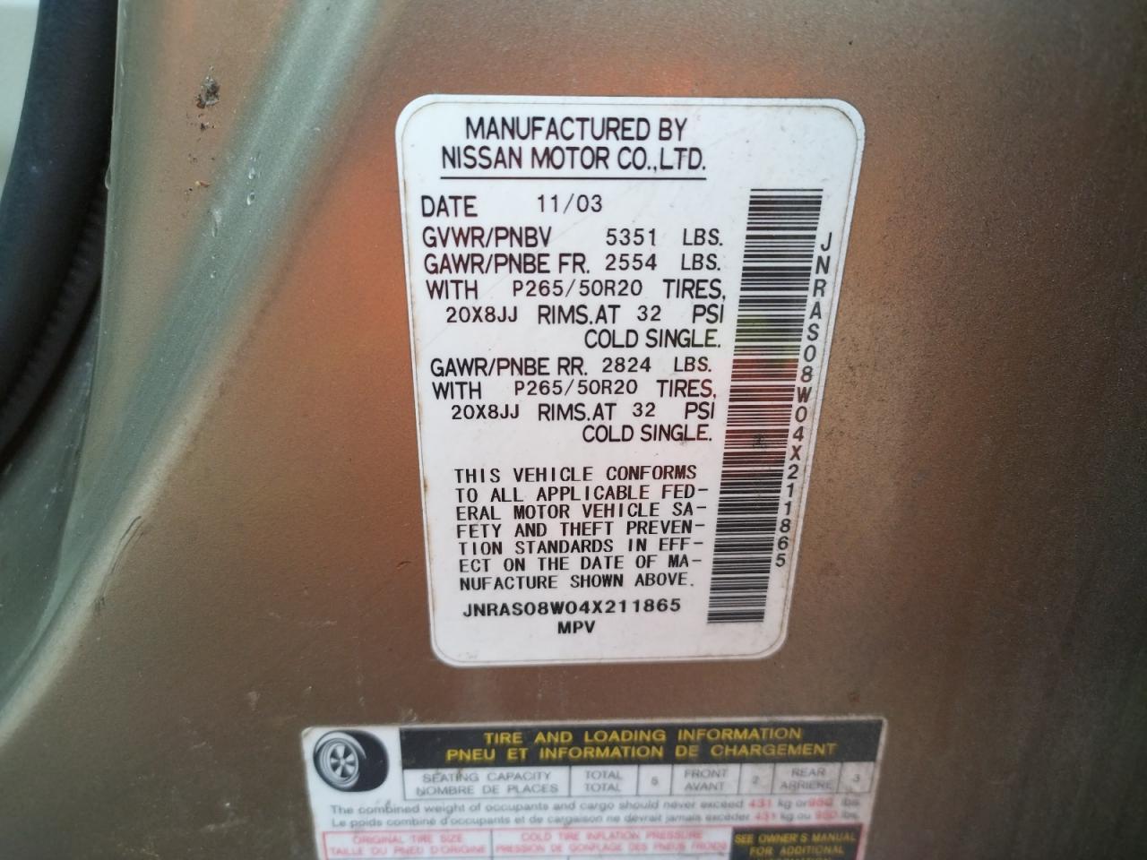 Photo 10 from auction – 2004 INFINITI FX35 with VIN JNRAS08W04X211865