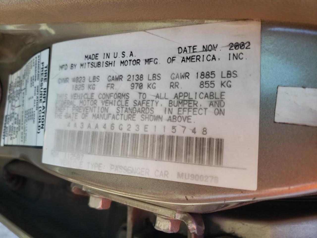 Photo 10 from auction – 2003 MITSUBISHI GALANT ES with VIN 4A3AA46G23E115748