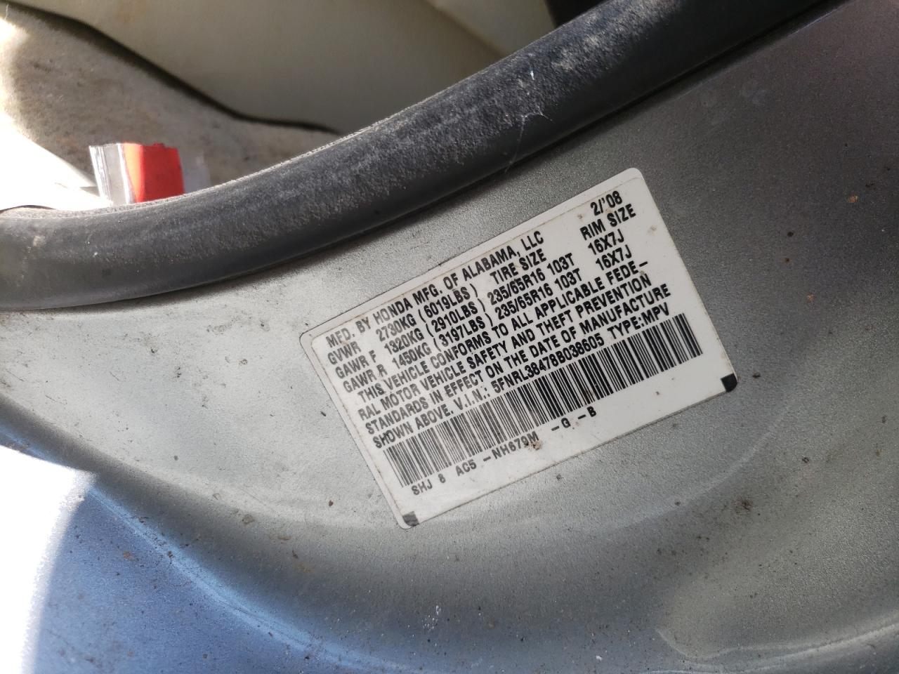 Photo 10 from auction – 2008 HONDA ODYSSEY EX with VIN 5FNRL38478B038605