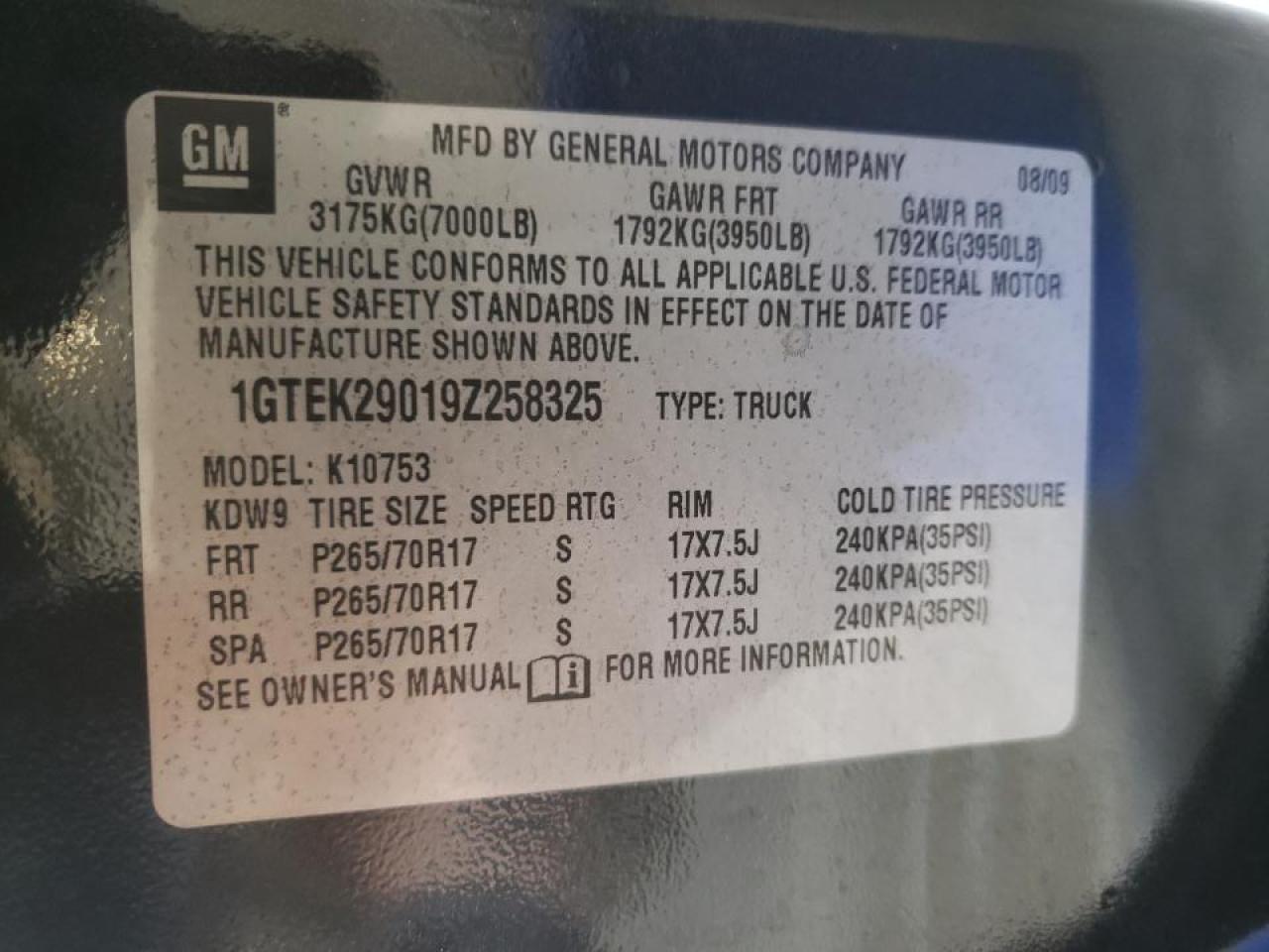 Photo 10 from auction – 2009 GMC SIERRA K15 with VIN 1GTEK29019Z258325