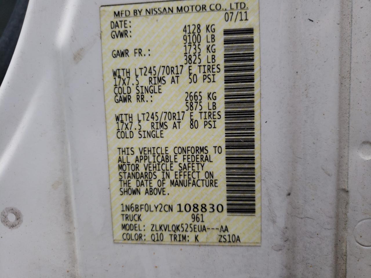 Photo 10 from auction – 2012 NISSAN NV 2500 with VIN 1N6BF0LY2CN108830