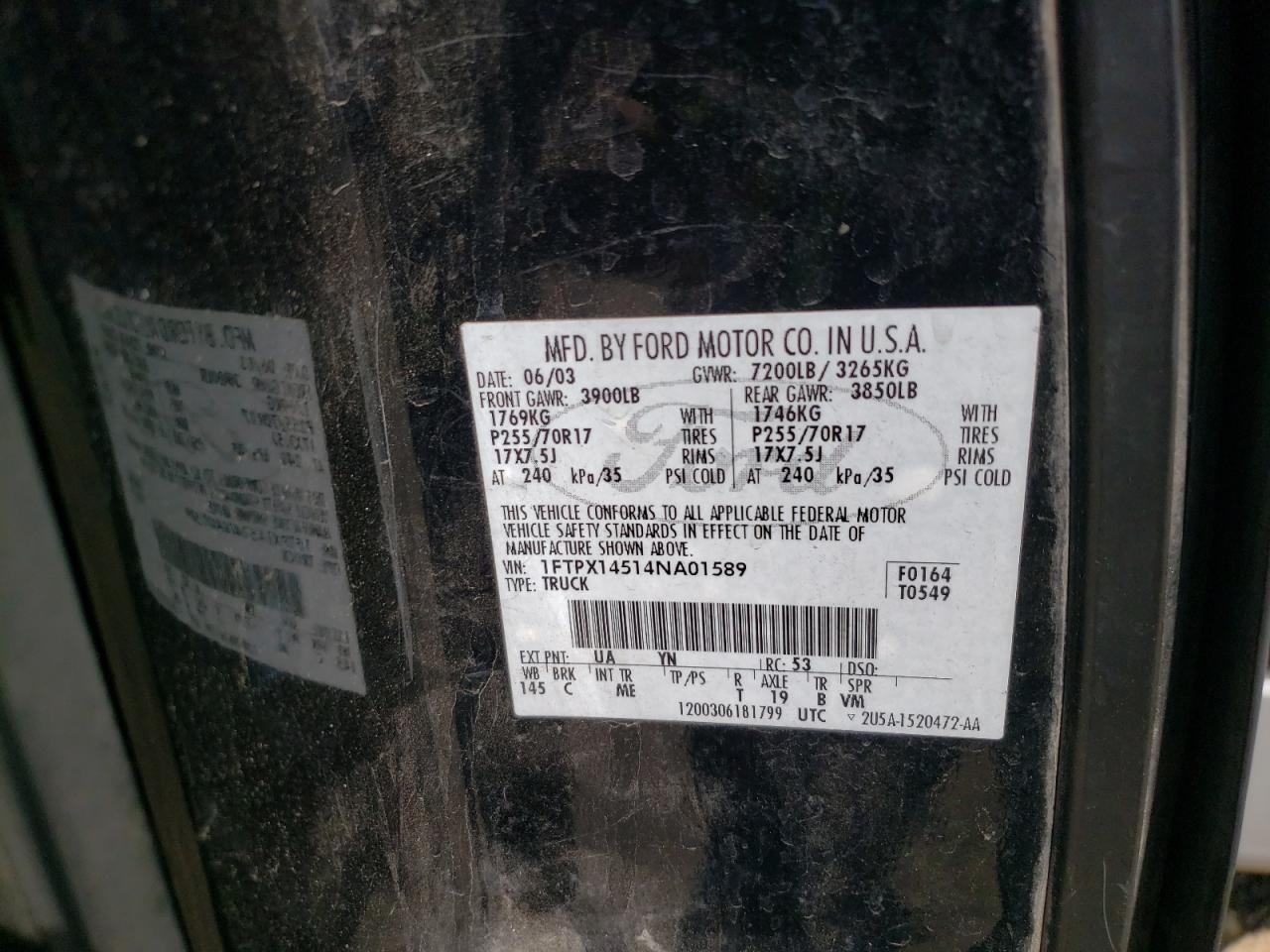 Photo 10 from auction – 2004 FORD F150 with VIN 1FTPX14514NA01589