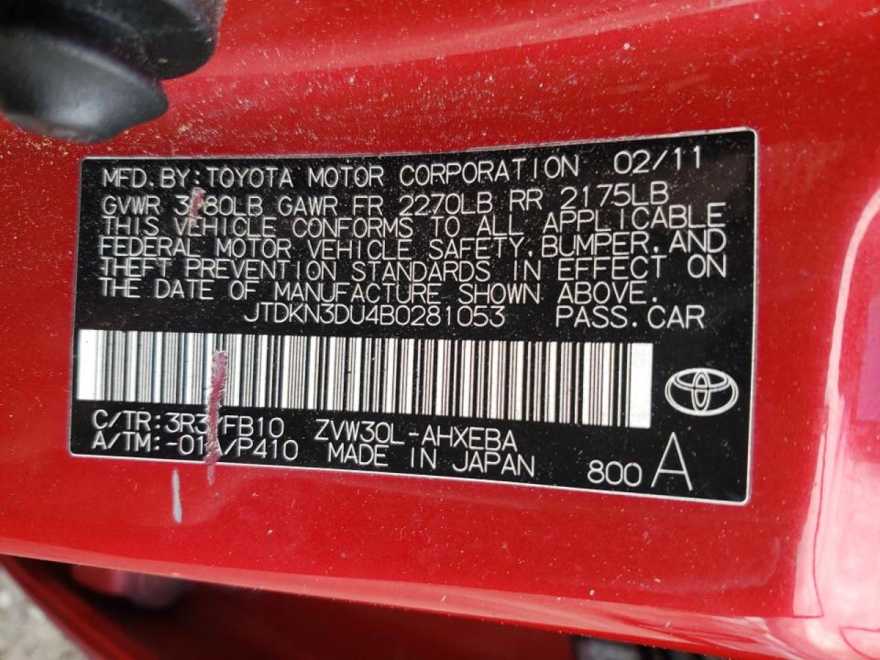 Photo 10 from auction – 2011 TOYOTA PRIUS with VIN JTDKN3DU4B0281053