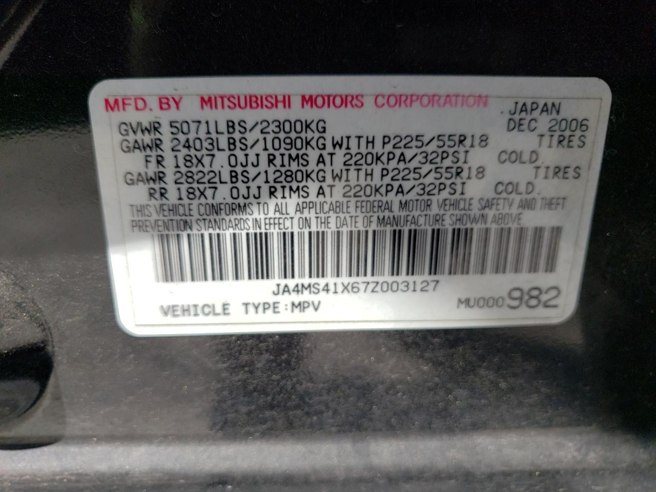 Photo 10 from auction – 2007 MITSUBISHI OUTLANDER with VIN JA4MS41X67Z003127