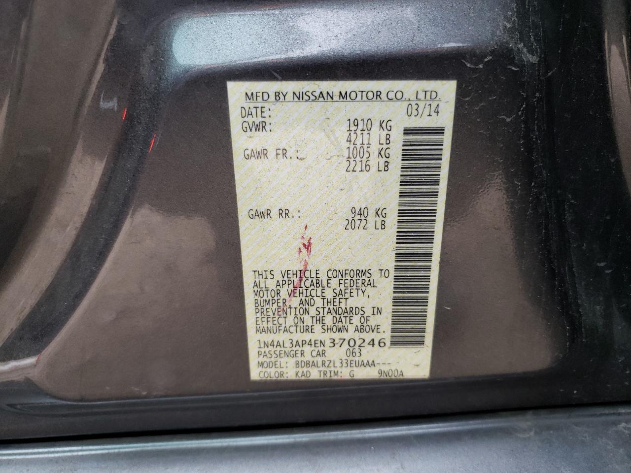 Photo 10 from auction – 2014 NISSAN ALTIMA 2.5 with VIN 1N4AL3AP4EN370246