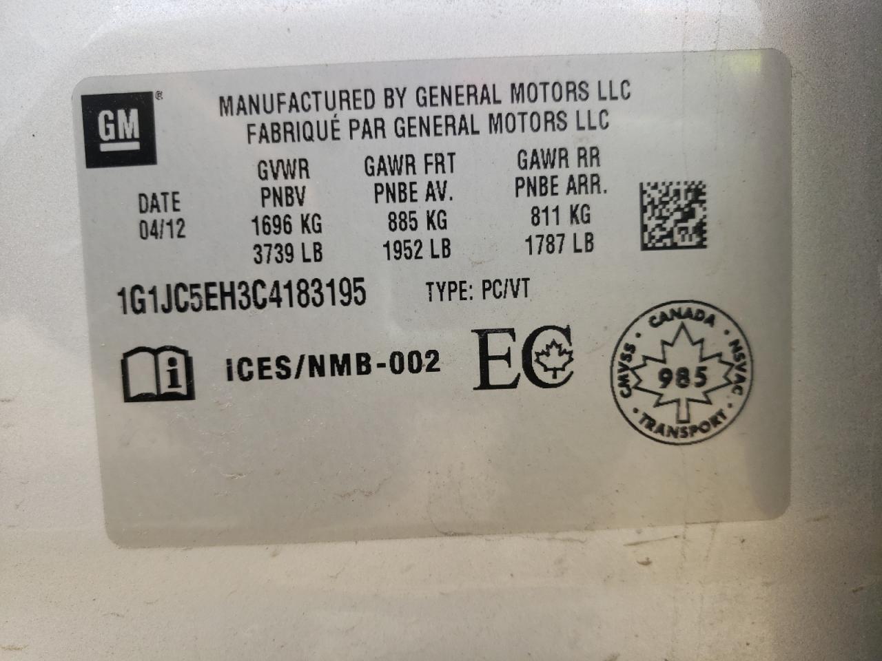 Photo 11 from auction – 2012 CHEVROLET SONIC LT with VIN 1G1JC5EH3C4183195