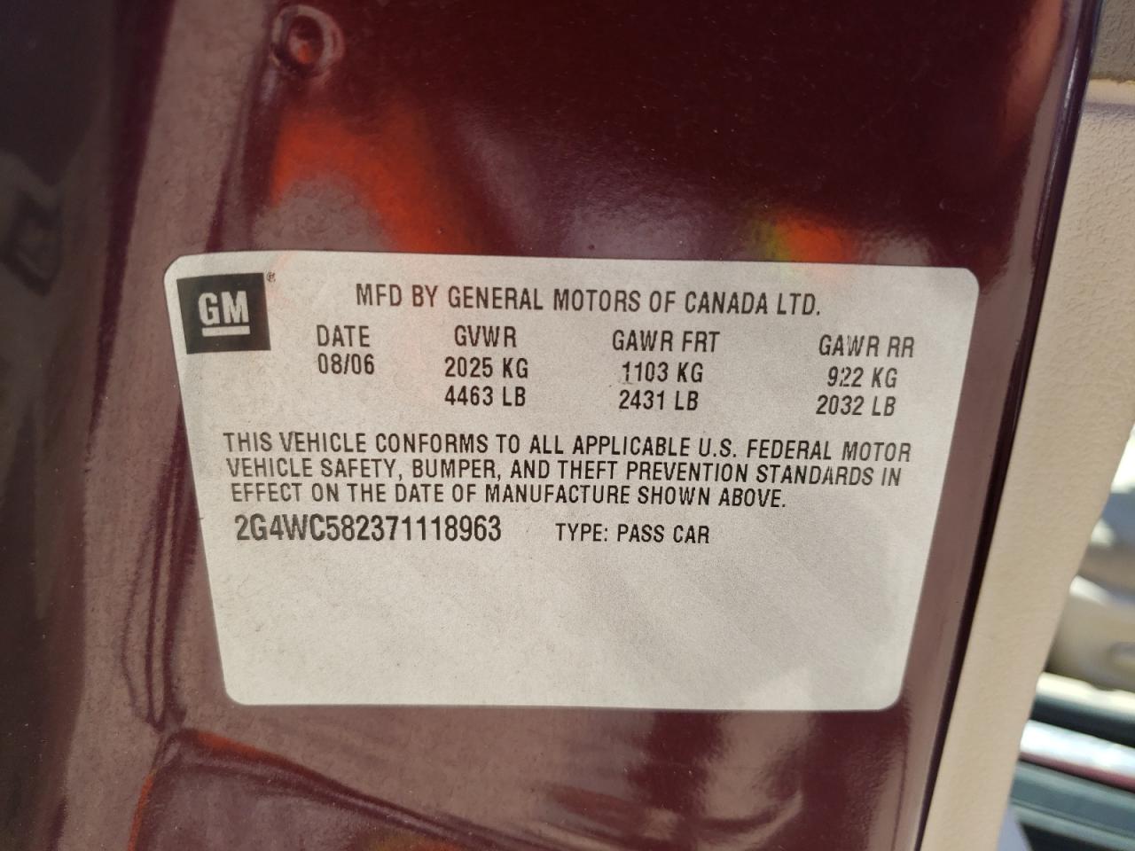 Photo 10 from auction – 2007 BUICK LACROSSE C with VIN 2G4WC582371118963