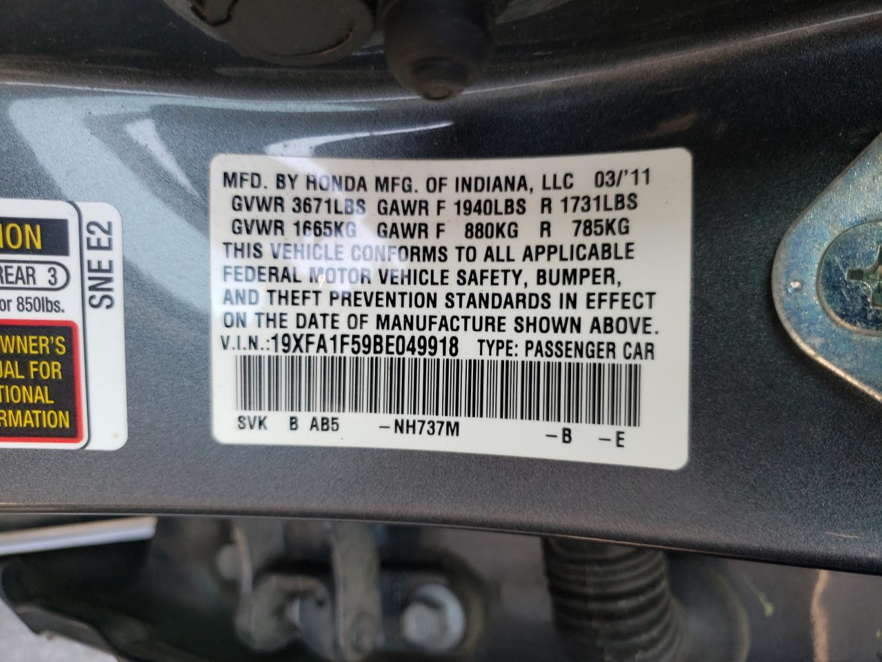 Photo 10 from auction – 2011 HONDA CIVIC LX with VIN 19XFA1F59BE049918
