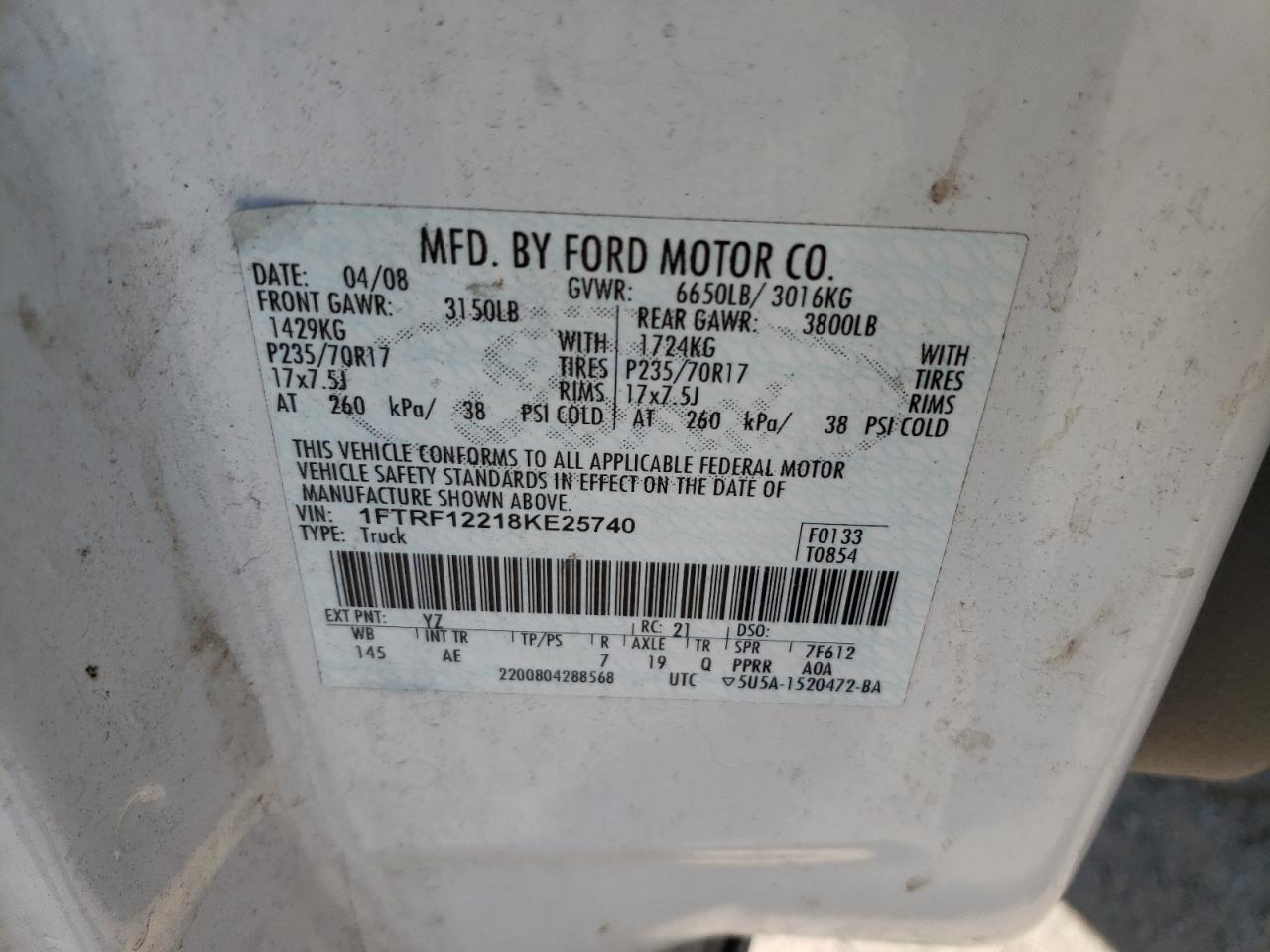 Photo 10 from auction – 2008 FORD F150 with VIN 1FTRF12218KE25740