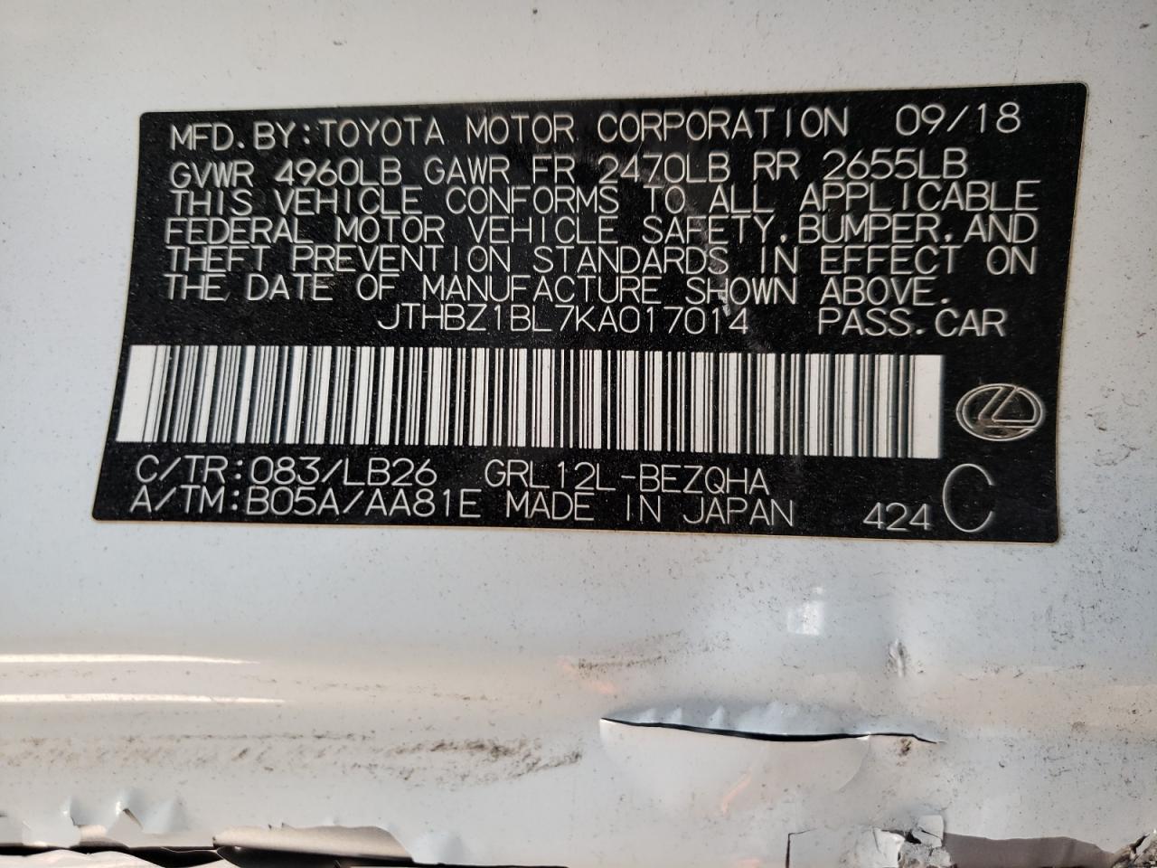 Photo 10 from auction – 2019 LEXUS GS 350 BAS with VIN JTHBZ1BL7KA017014