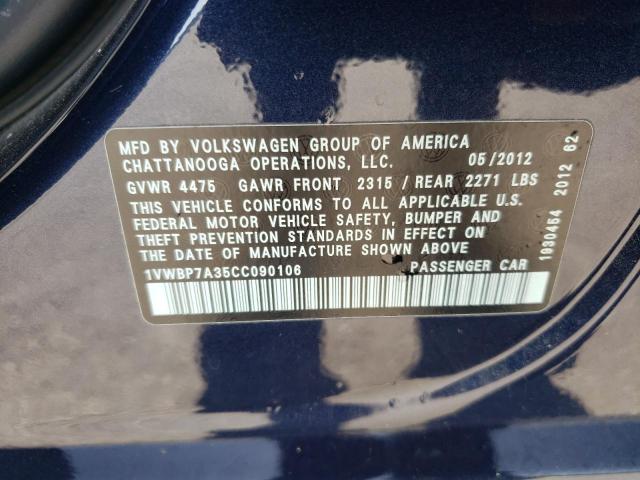 VOLKSWAGEN PASSAT SE 2012 with VIN 1VWBP7A35CC090106 - Photo from auction