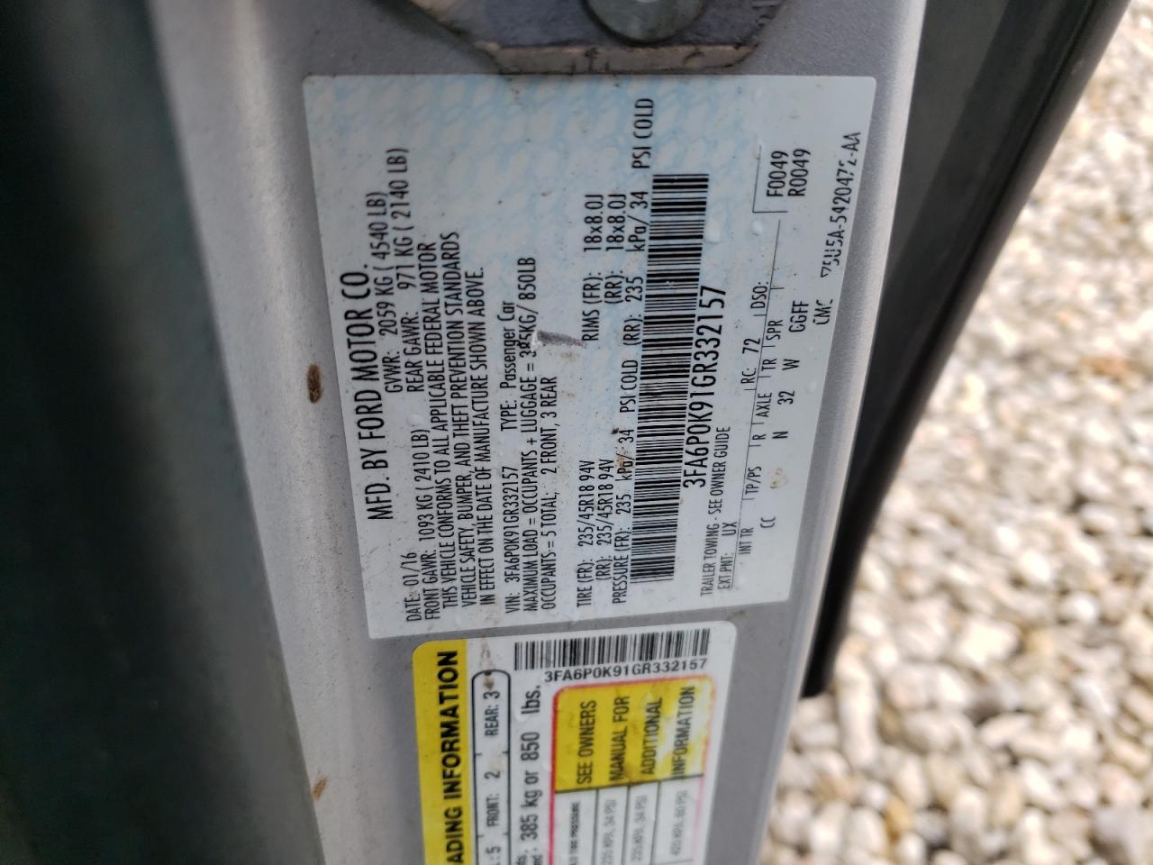 Photo 10 from auction – 2016 FORD FUSION TIT with VIN 3FA6P0K91GR332157