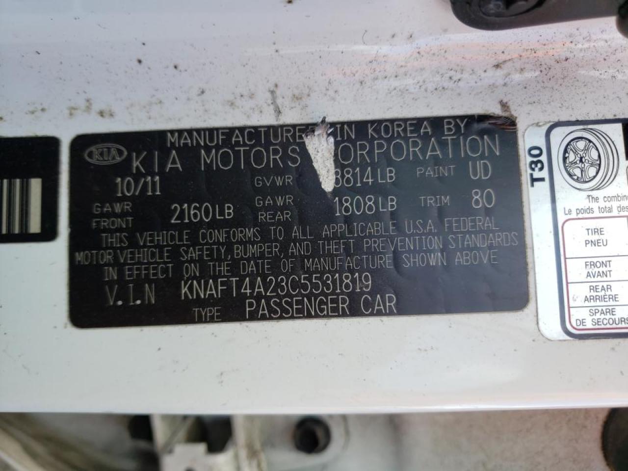 Photo 10 from auction – 2012 KIA FORTE LX with VIN KNAFT4A23C5531819