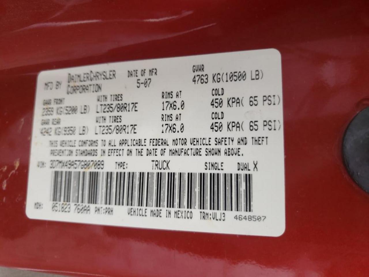 Photo 18 from auction – 2007 DODGE RAM 3500 with VIN 3D7MX49A57G807089