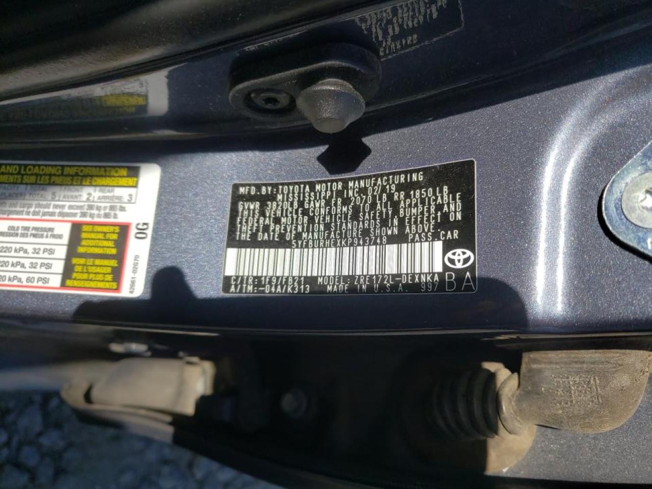 Photo 10 from auction – 2019 TOYOTA COROLLA L with VIN 5YFBURHEXKP943748