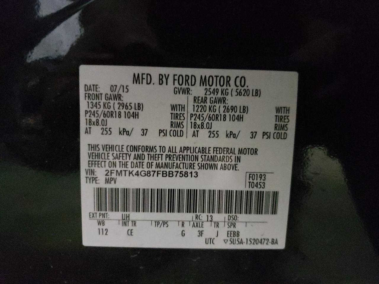 Photo 10 from auction – 2015 FORD EDGE SE with VIN 2FMTK4G87FBB75813