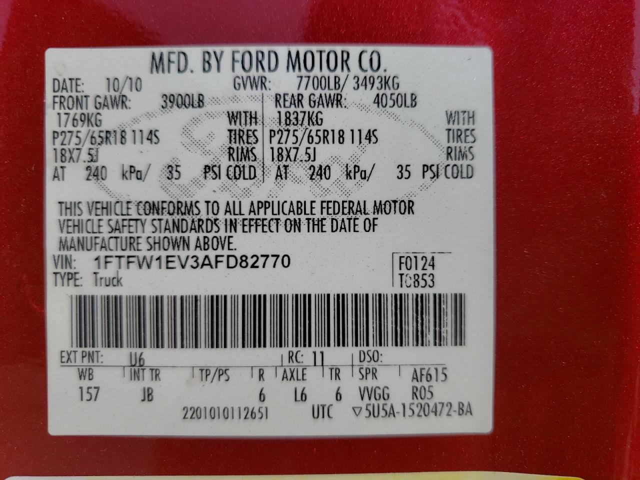 Photo 10 from auction – 2010 FORD F150 SUPER with VIN 1FTFW1EV3AFD82770